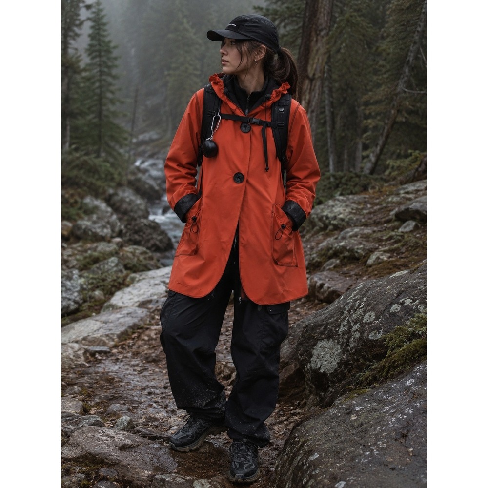Gorpcore Nature Outdoors Cameleon‎ Orange Coral Black Hooded Raincoat L Jacket
